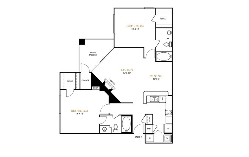 The Lana Floor Plan 2 Bedroom 1 Bath 2 Bed 1 Bath 916 sqft